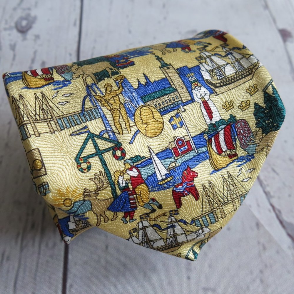 Peer 100% Pure Silk Multi Color Swedish or Nautical Theme Print Novelty Neck Tie